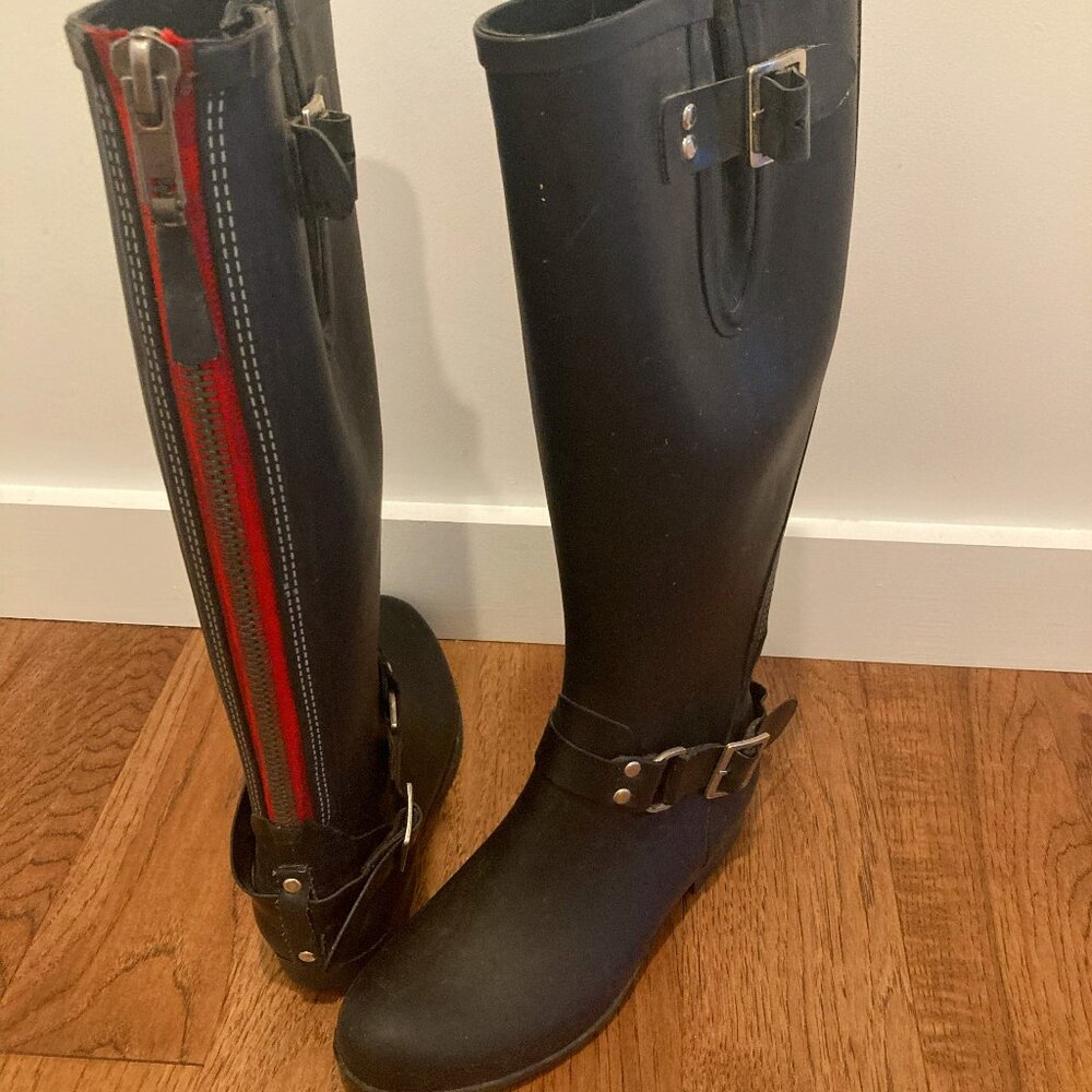 Steve Madden Tsunami Riding Style Waterproof Rubber Rain Black Boots Size 7